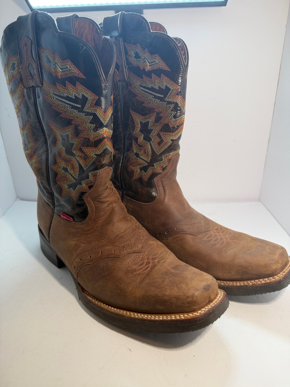 Men's Brown Leather Western Cowboy Boots with Colorful Embroidered Shaft